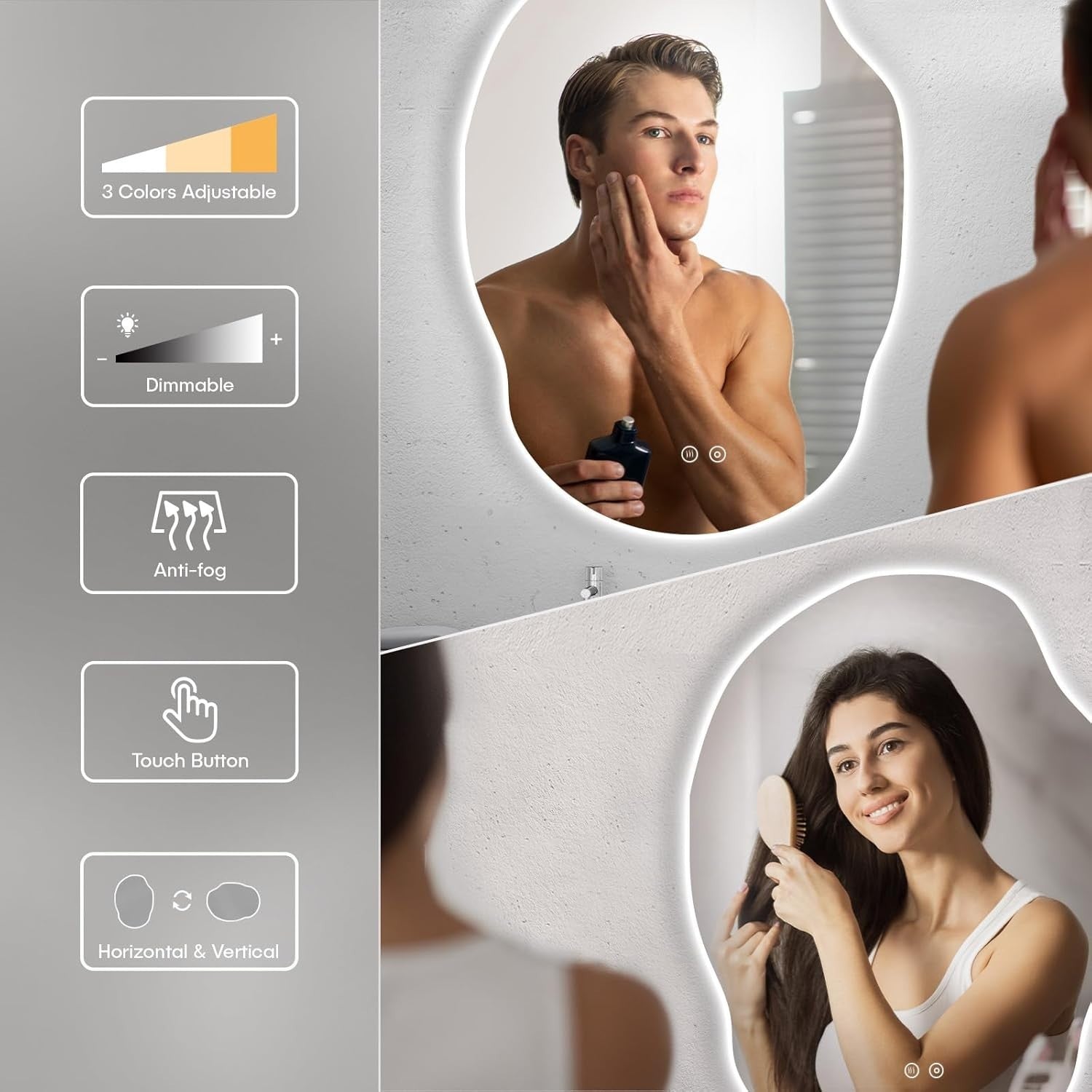 LED Bathroom Mirror 910x650mm Anti-Fog Asymmetric Backlit 3-Color
