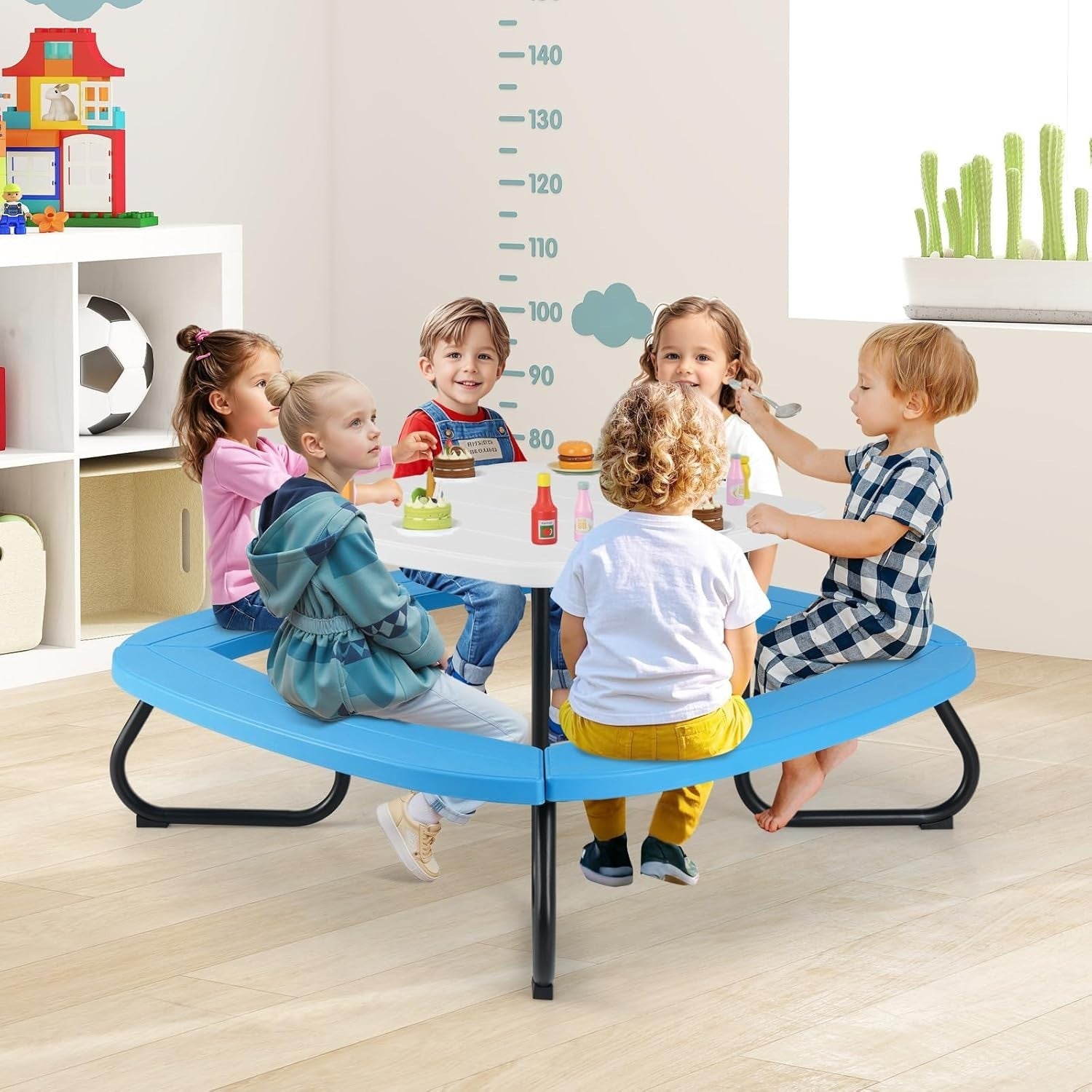 Kids Picnic Table & 8-Seat Bench Set with Adjustable Umbrella Outdoor Indoor