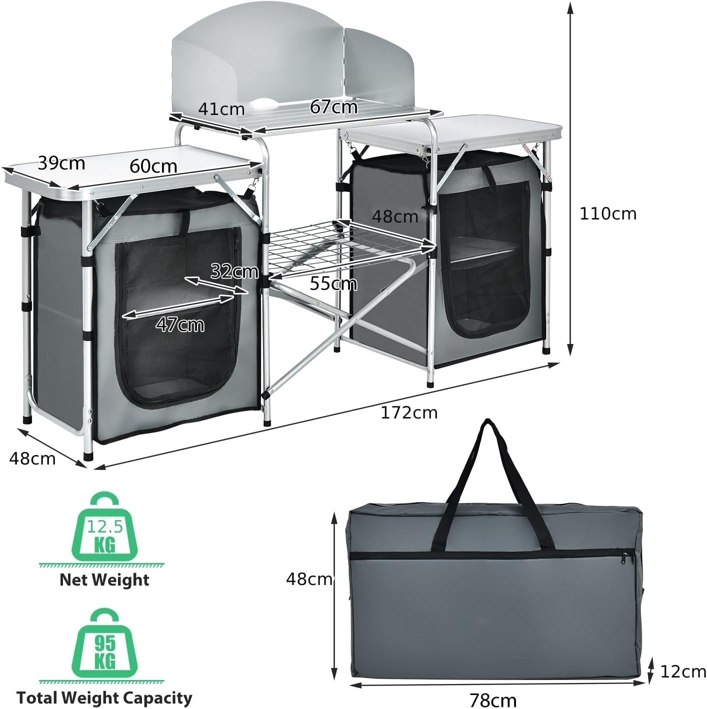 Camping Kitchen Table Outdoor Folding BBQ Cooking Unit 172x48x110cm