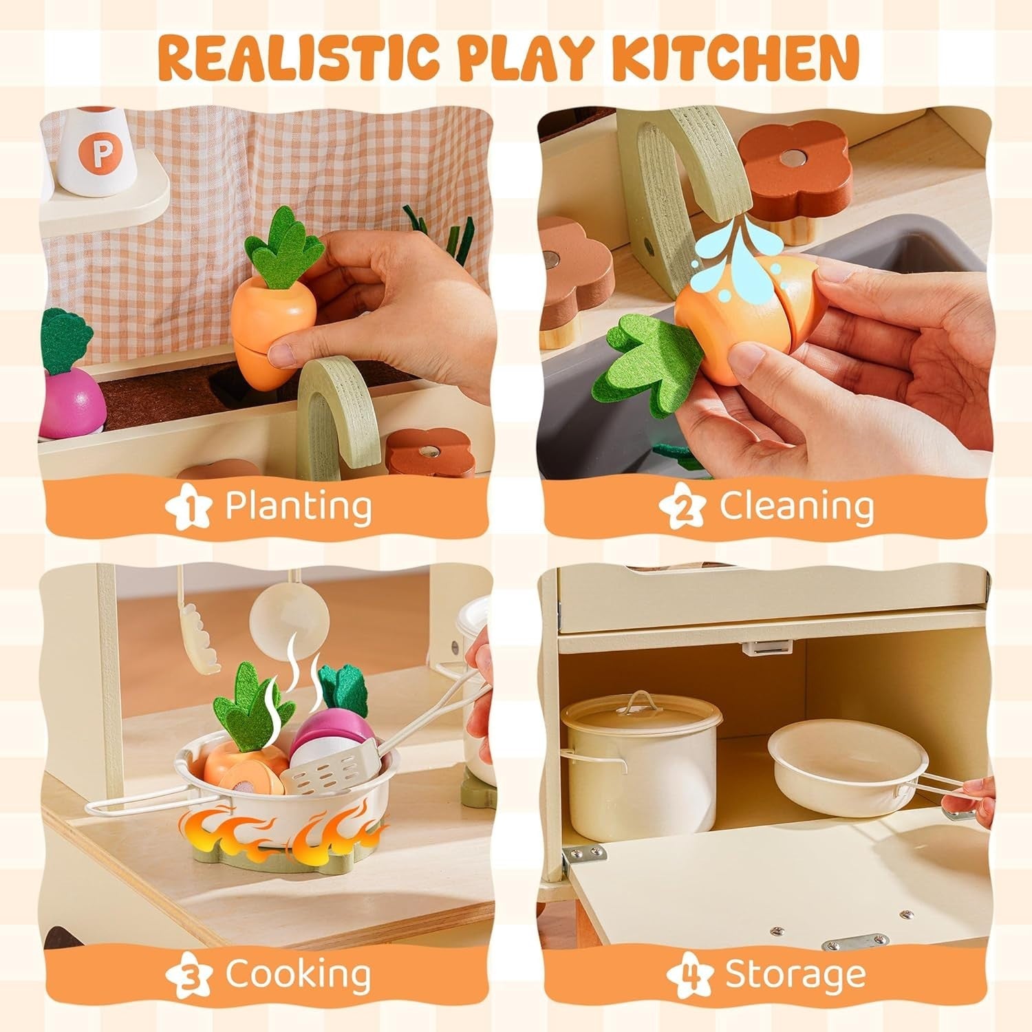 Wooden Kids Play Kitchen w/ Ice Maker Microwave Cream Toy