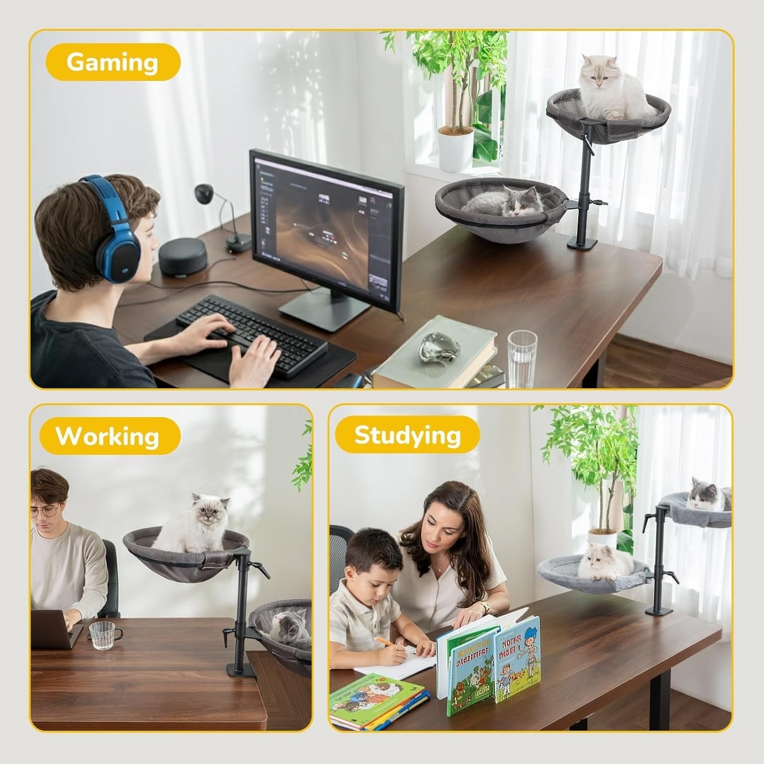Double Layer Desk Cat Bed Rotating Cat Hammock for 2 Cats Adjustable