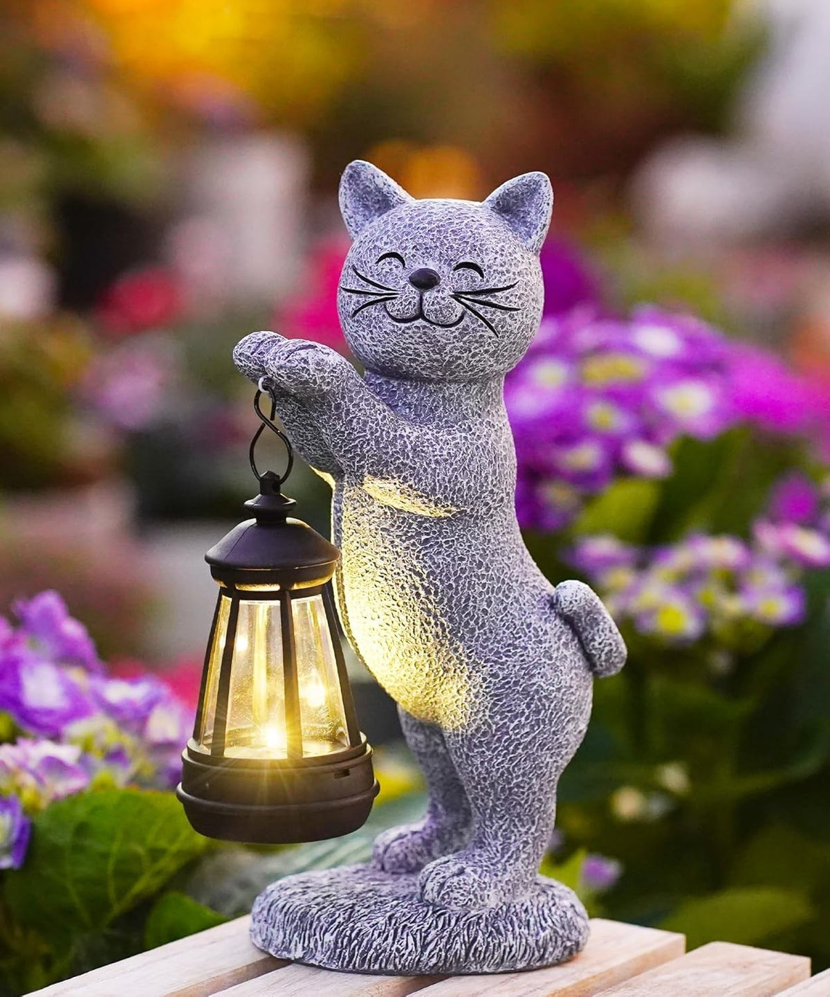 Solar Cat Garden Statue with Lantern | Outdoor LED Ornament Waterproof Patio