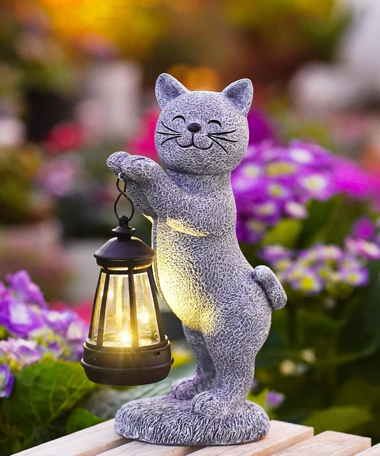 Solar Cat Garden Statue with Lantern | Outdoor LED Ornament Waterproof Patio