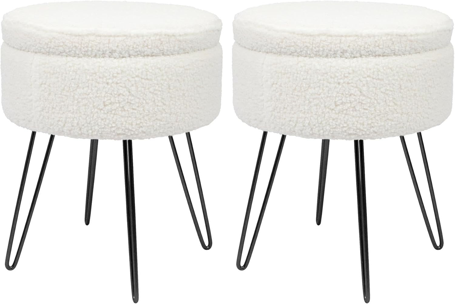 Set of 2 Cream Bouclé Storage Footstools Black Legs Modern Round Pouffes