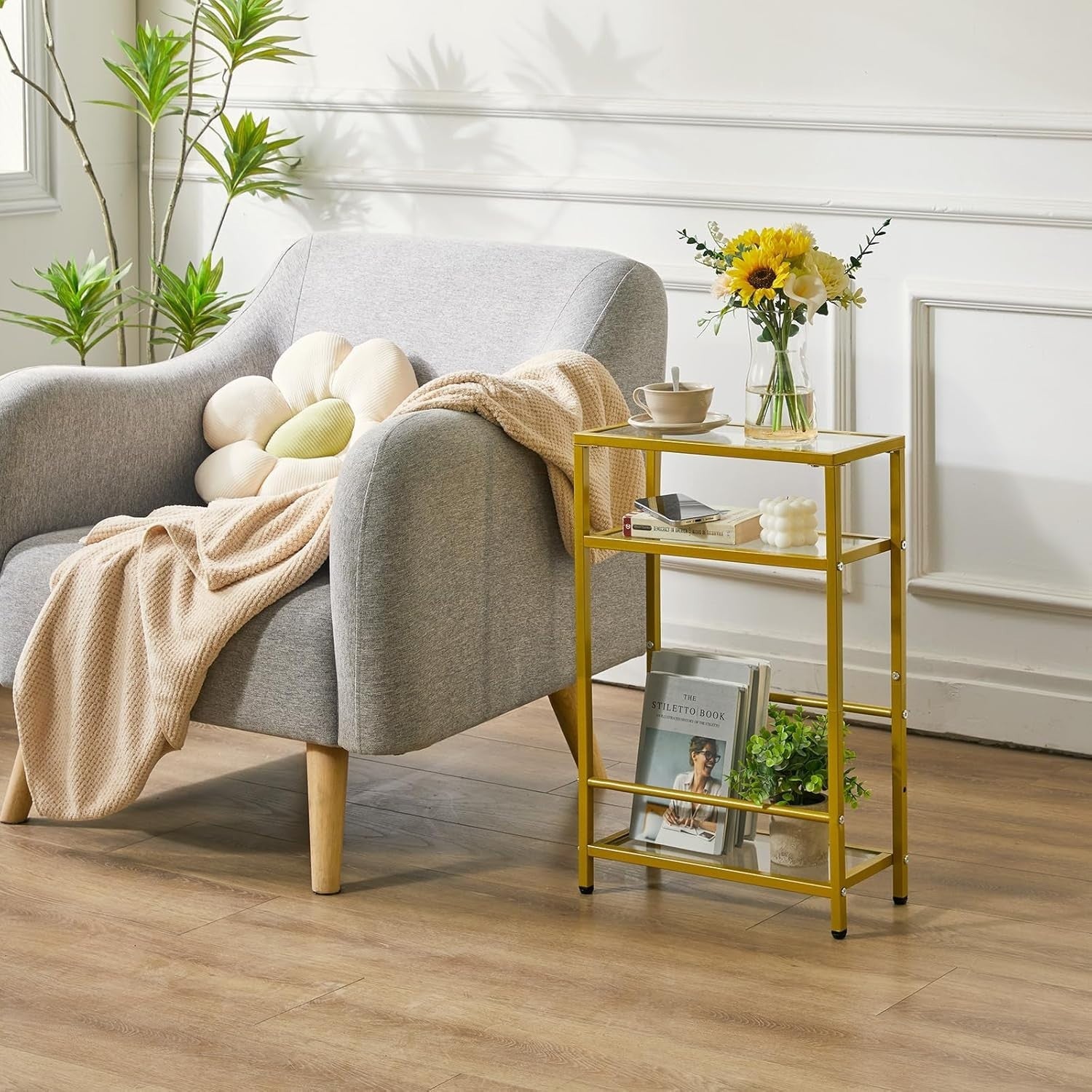 Slim Glass Side Table Gold 3 Tier Narrow End Table with Storage for Sofa Bed