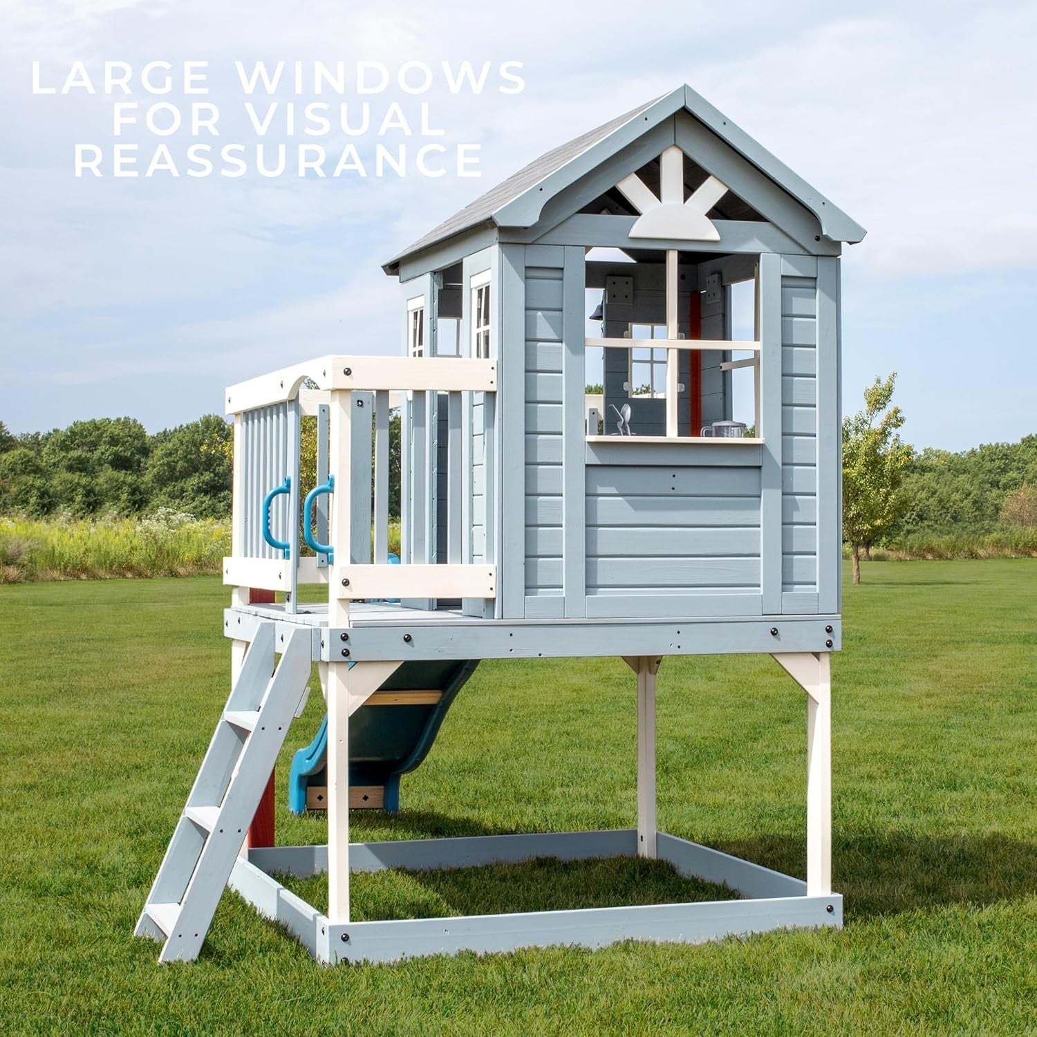 Elevated Cedar Kids Playhouse with Slide Toy Kitchen Growth Chart