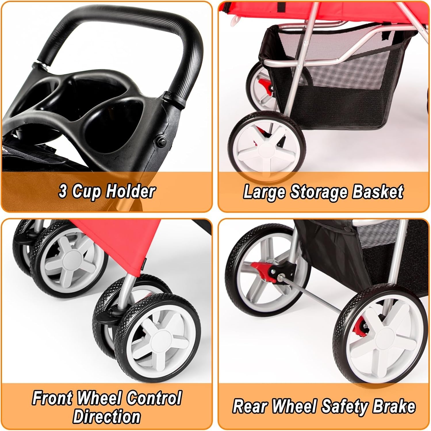 Pet Travel Stroller Dog Cat Pushchair 4 Wheel Folding Pram Jogger Red
