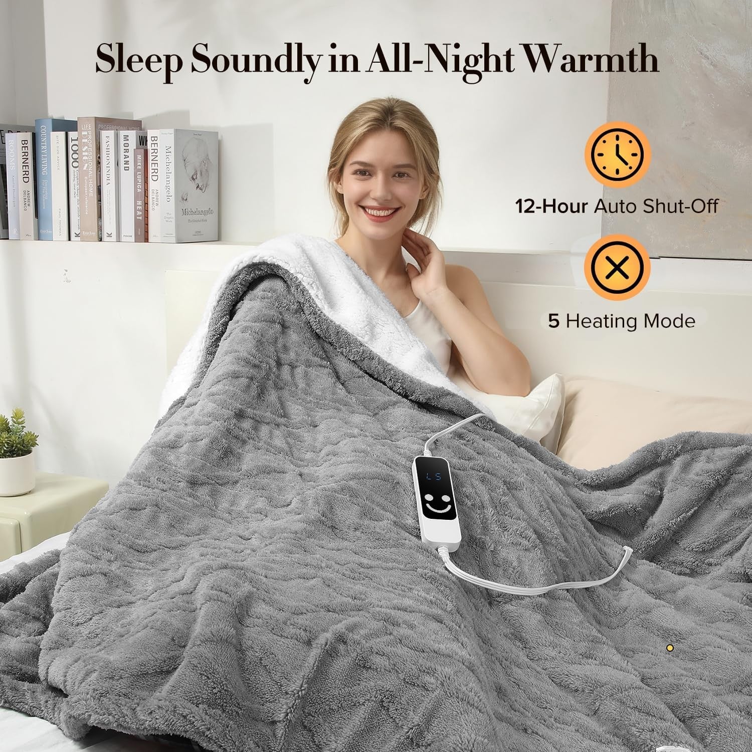 Electric Heated Throw Blanket Grey Sherpa Fleece 5 Heat Levels Auto Off 127x152c
