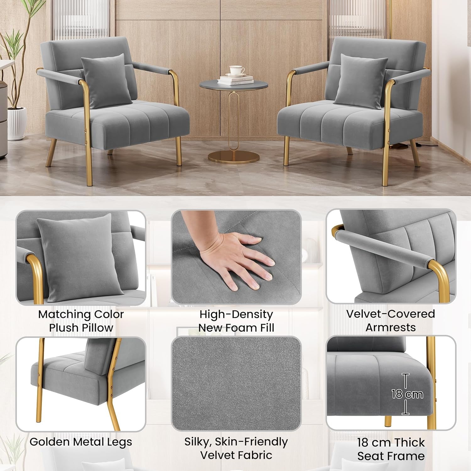 Velvet Accent Tub Chair Gold Legs Armchair w/ Cushion