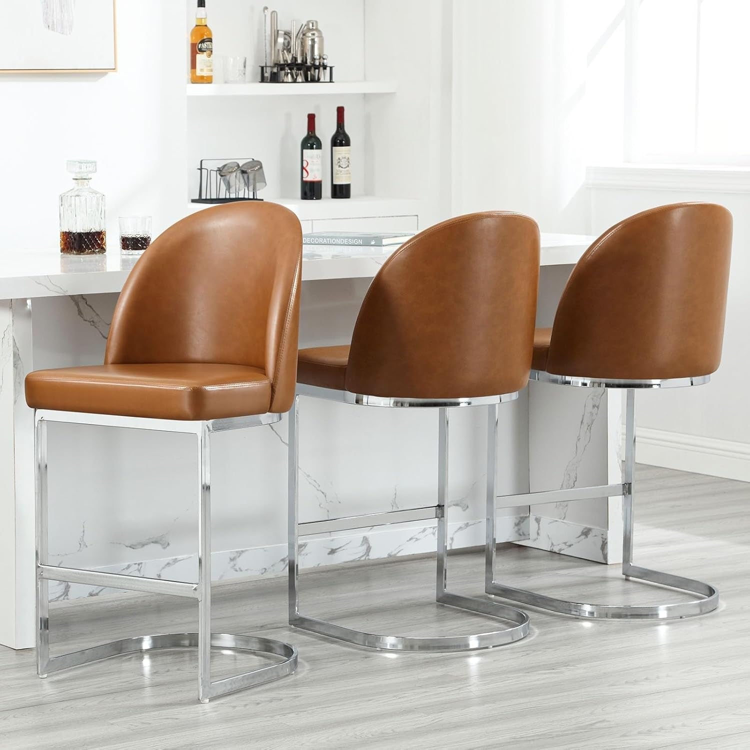 Set of 2 Brown Counter Height Bar Stools PU Leather Swivel Chairs
