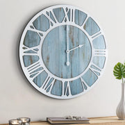16" Rustic Blue Wood Wall Clock Silent Non-Ticking Round Roman Numeral Decor