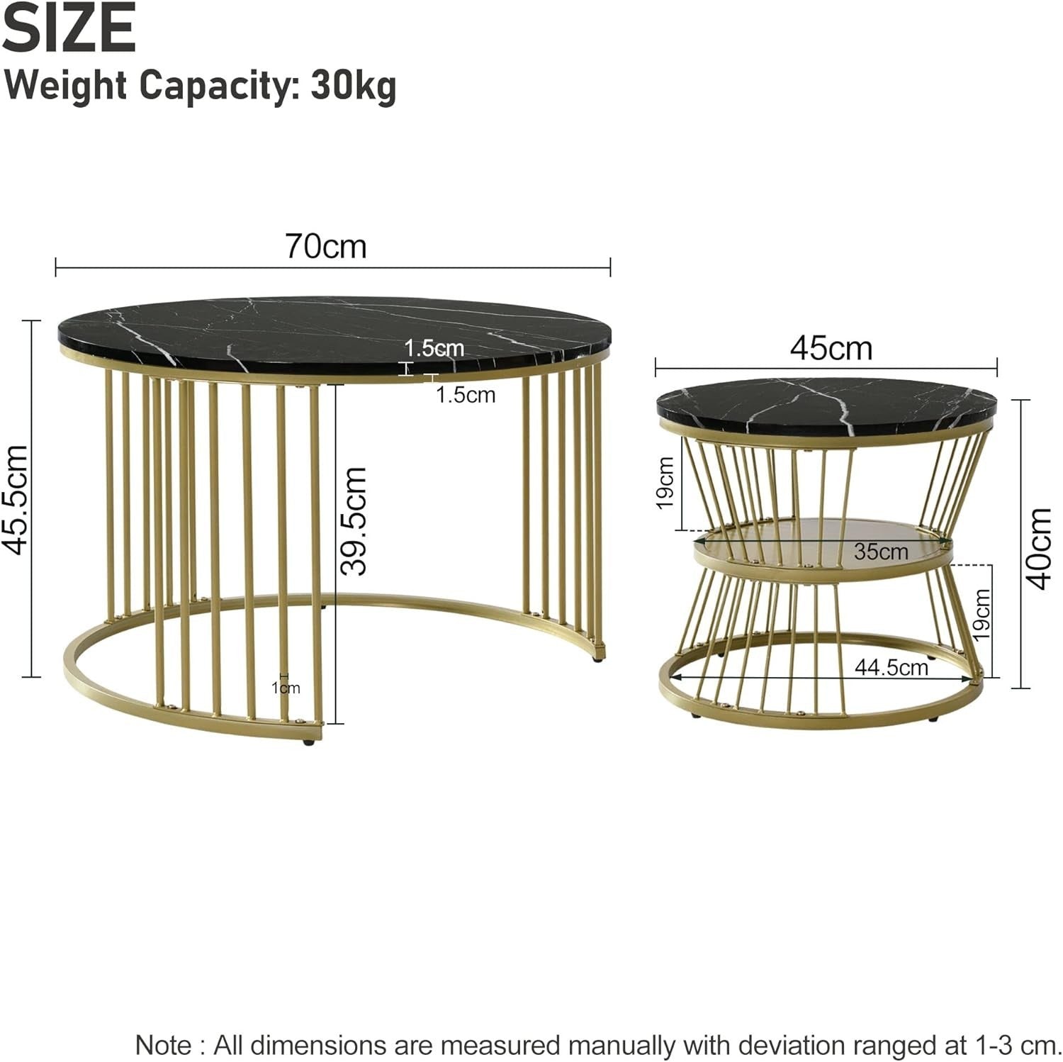 Round Coffee Table Set Nested Faux Marble Black Adjustable Height Living Room