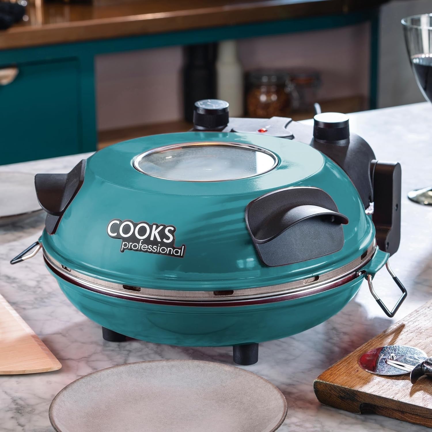 1200W Electric Pizza Oven 31cm Stone Base Glass Timer Cutter Teal