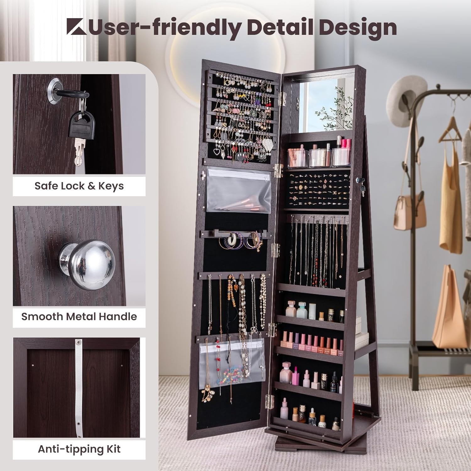Espresso 360° Swivel Jewelry Cabinet Mirror Lockable 3-in-1 Storage
