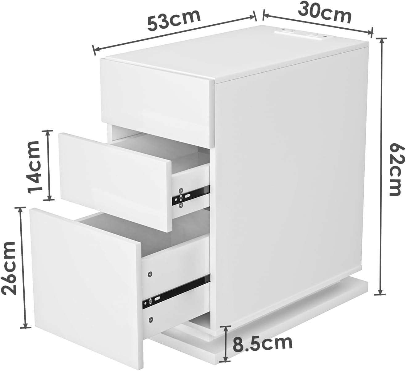 Modern LED Bedside Table with USB Charging, 3 Drawers, High Gloss Finish