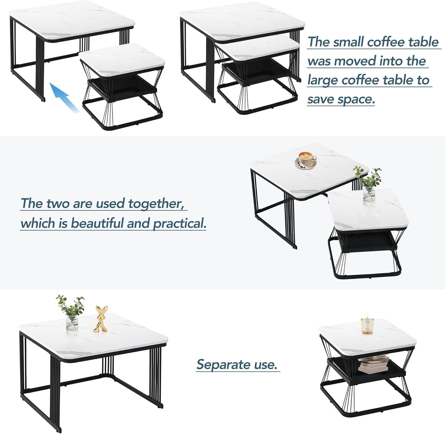 2-in-1 Nesting Coffee Tables, Square Marble White Top, Metal Frame, Space-Saving