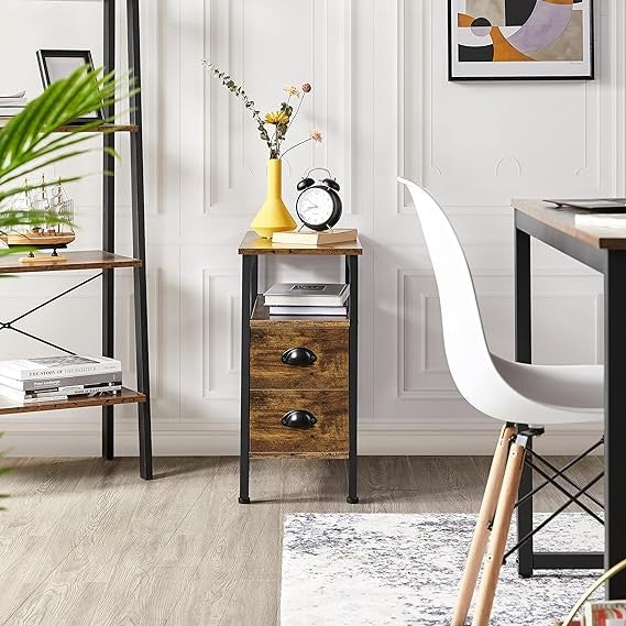 Rustic Brown Slim Bedside Table with 2 Drawers & Shelf | Industrial Side Unit