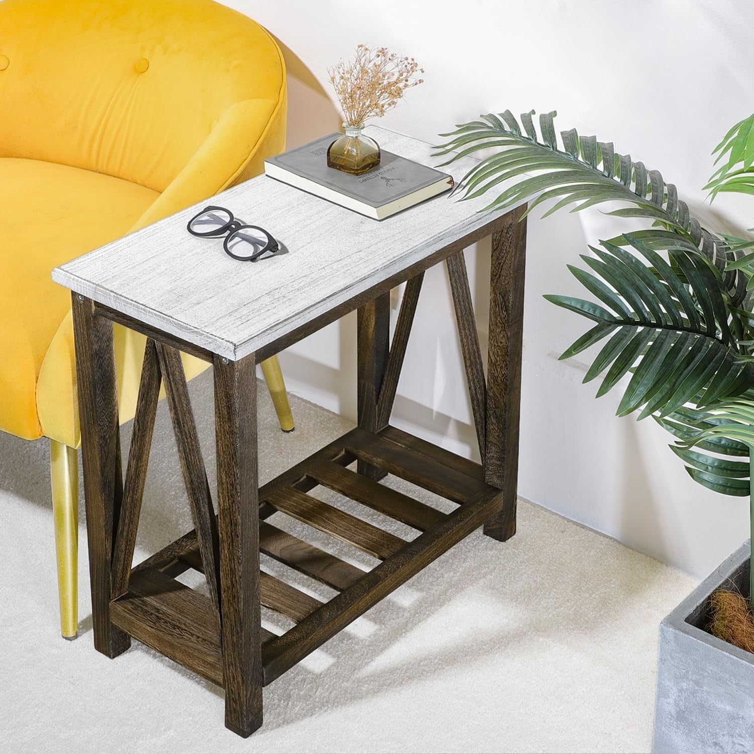 Rustic White & Brown Farmhouse Side Table with Storage Shelves, Compact Nightsta