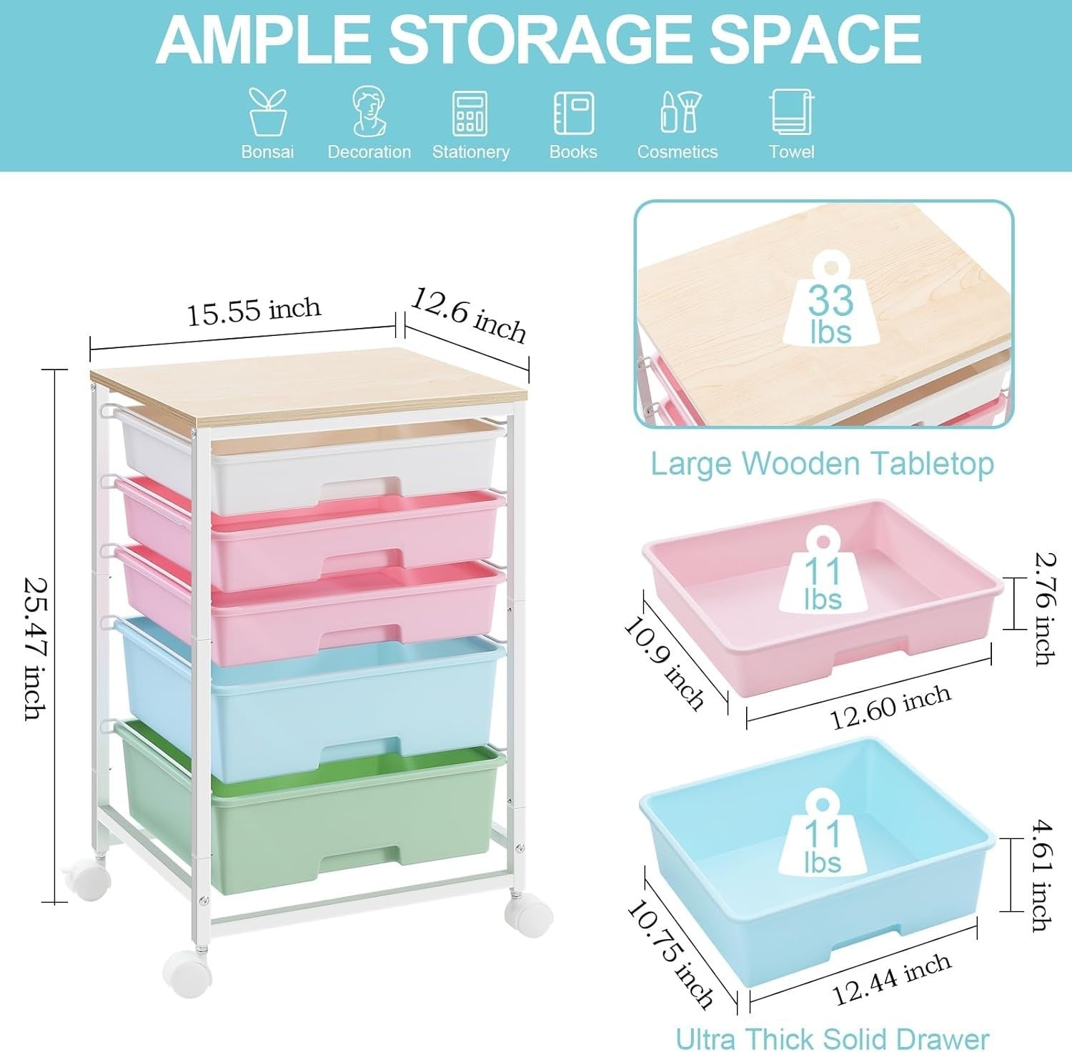 5 Drawer Rolling Storage Trolley Multicolor Organizer Cart on Wheels