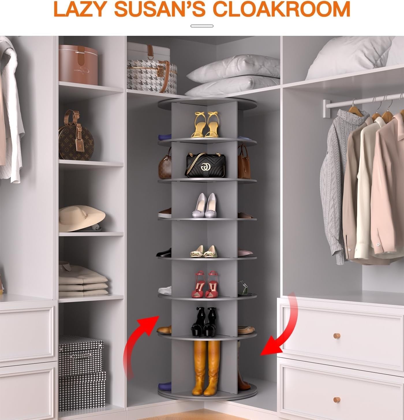 7-Tier Rotating Shoe Rack Tower 67" | 360° Revolving Organizer Stand – Grey
