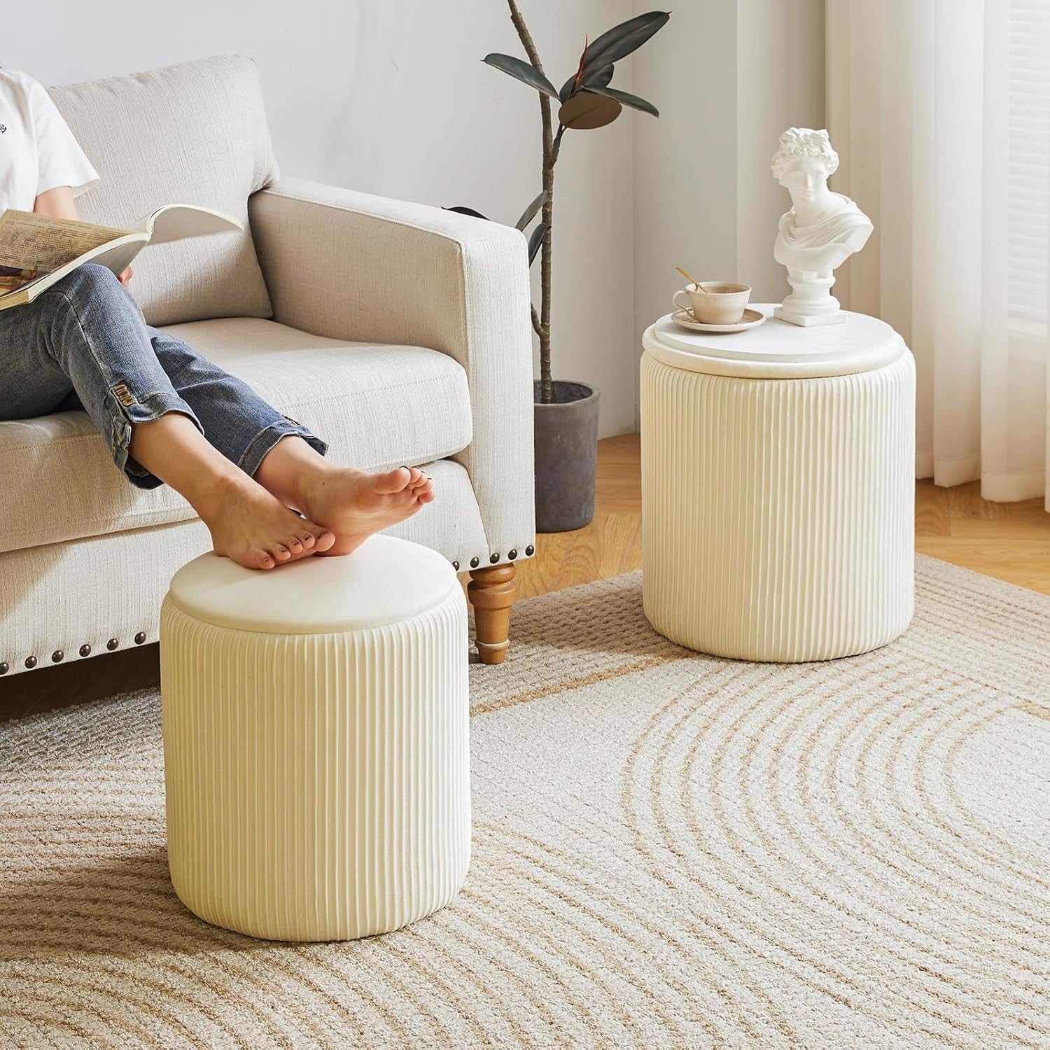White Velvet Storage Ottoman Set of 2 – Round Vanity Stools & Side Tables