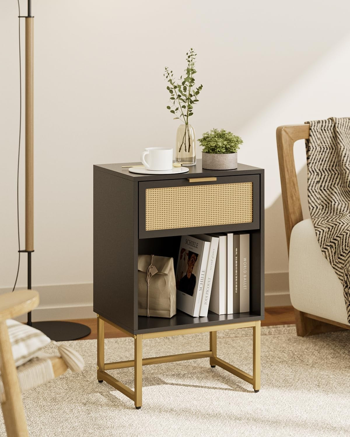 Modern Black Rattan Bedside Table with Drawer & Shelf – Gold Metal Legs