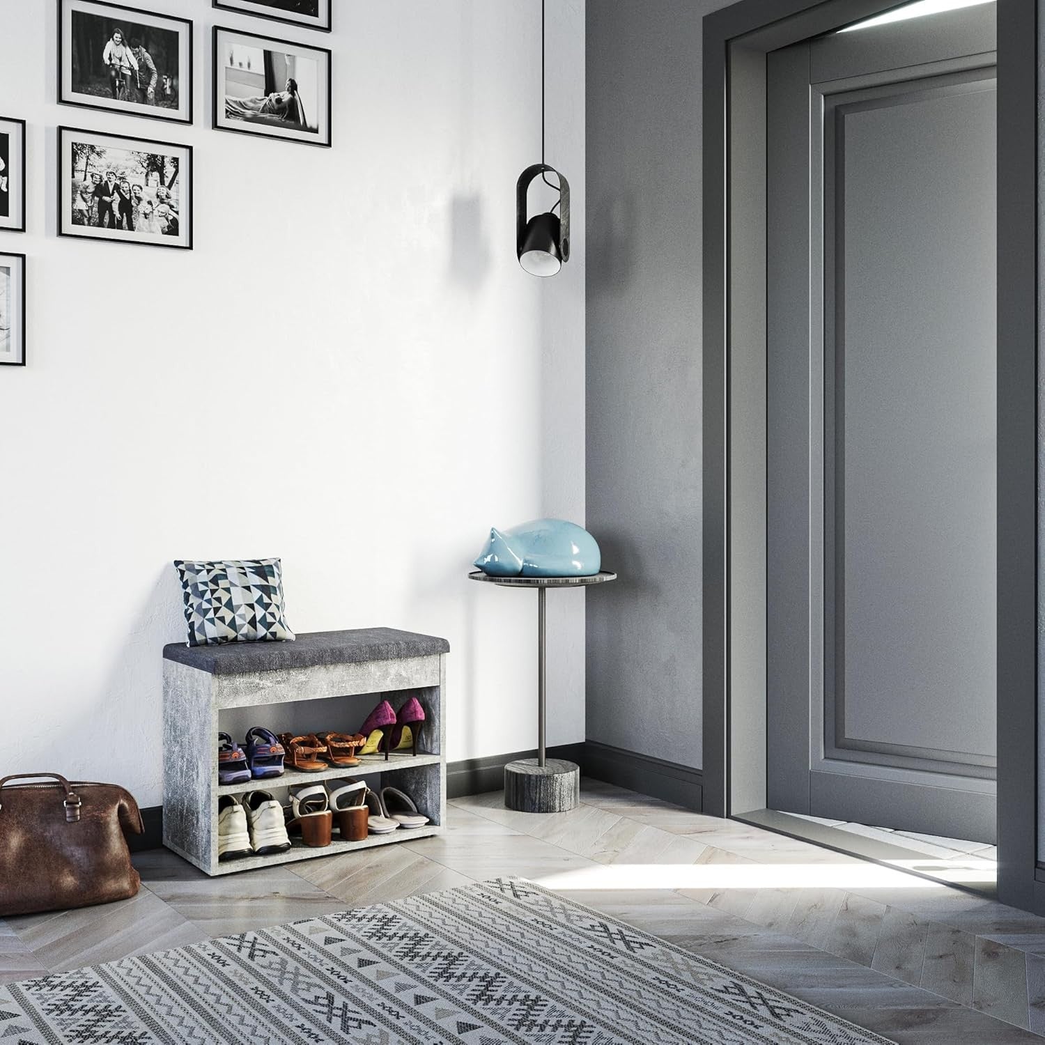Concrete Grey Shoe Bench with Cushion & Storage for Entryway or Hallway