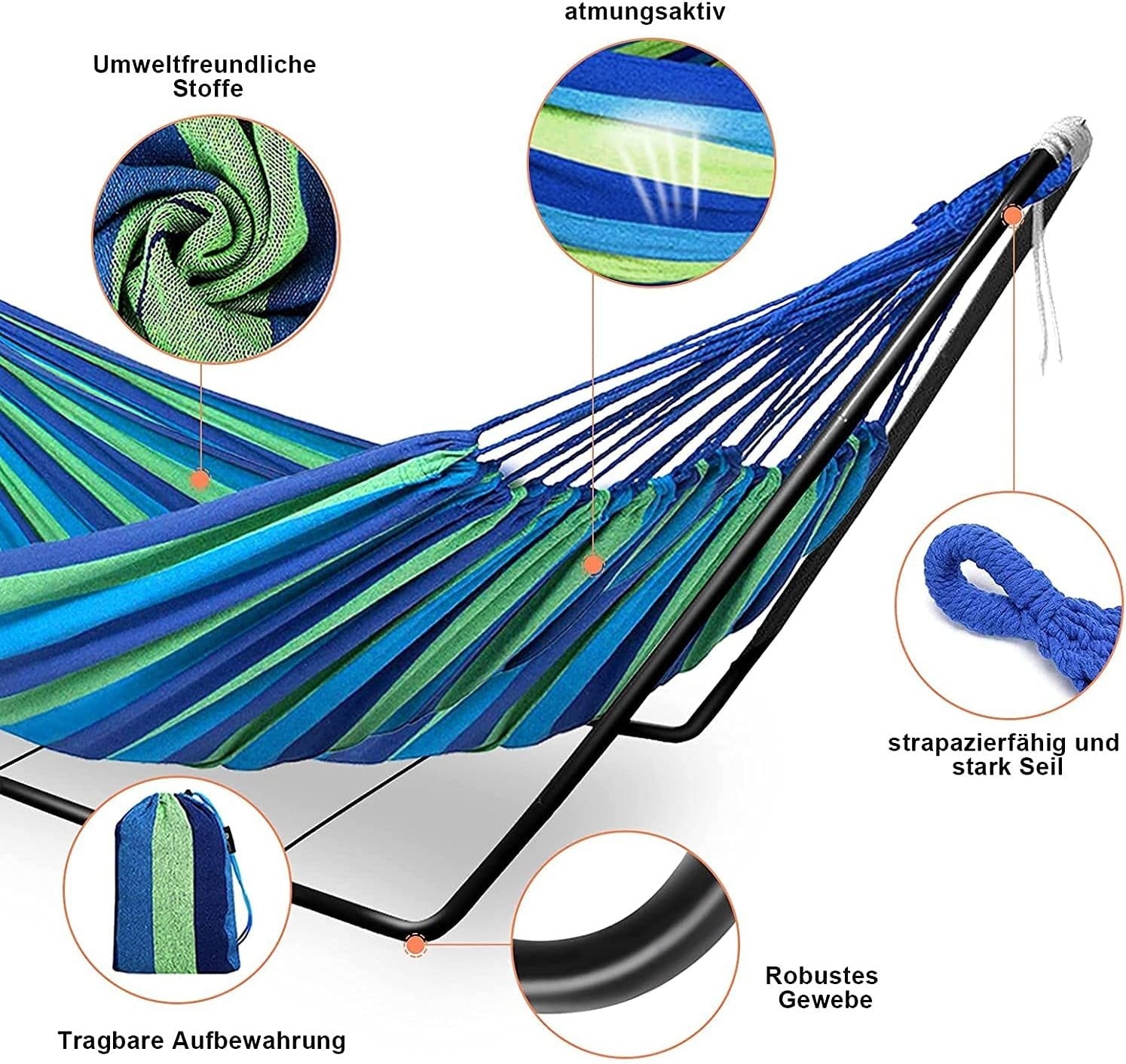 Space-Saving Double Cotton Hammock with Adjustable Steel Stand + Carry Bag