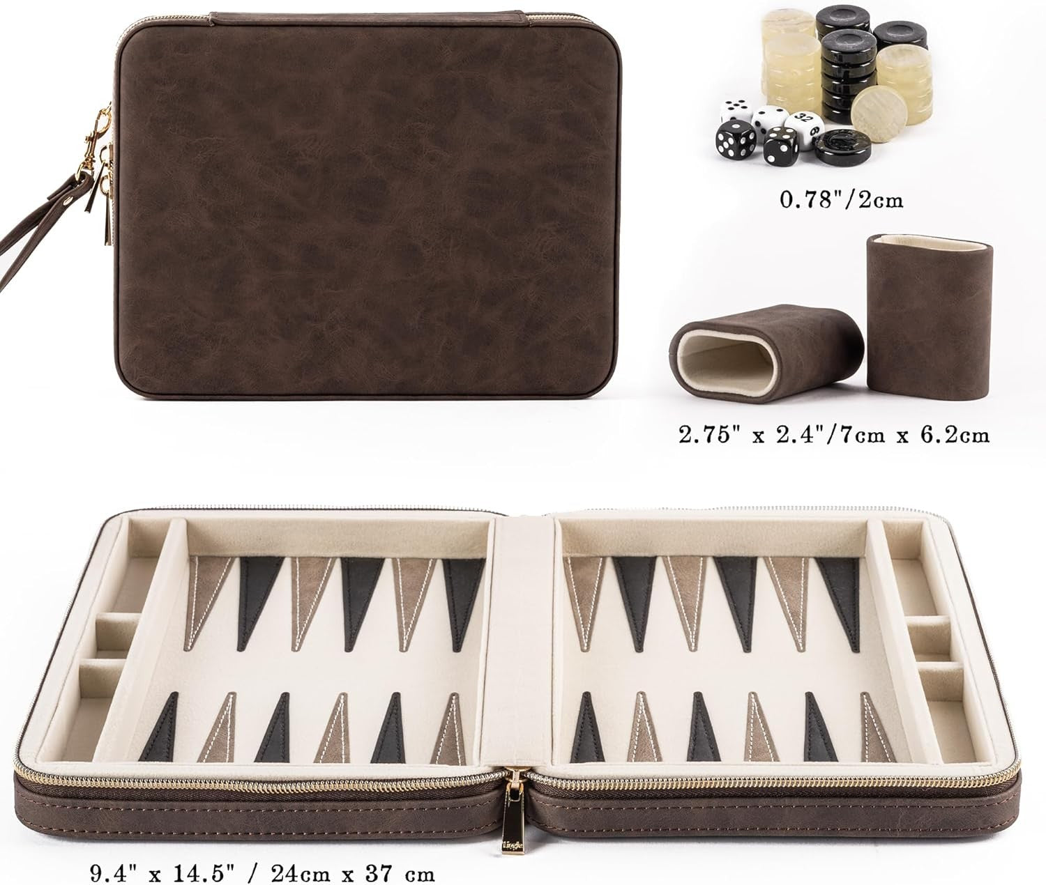 9.4 Inch Travel Backgammon Set Faux Leather Folding Board Portable