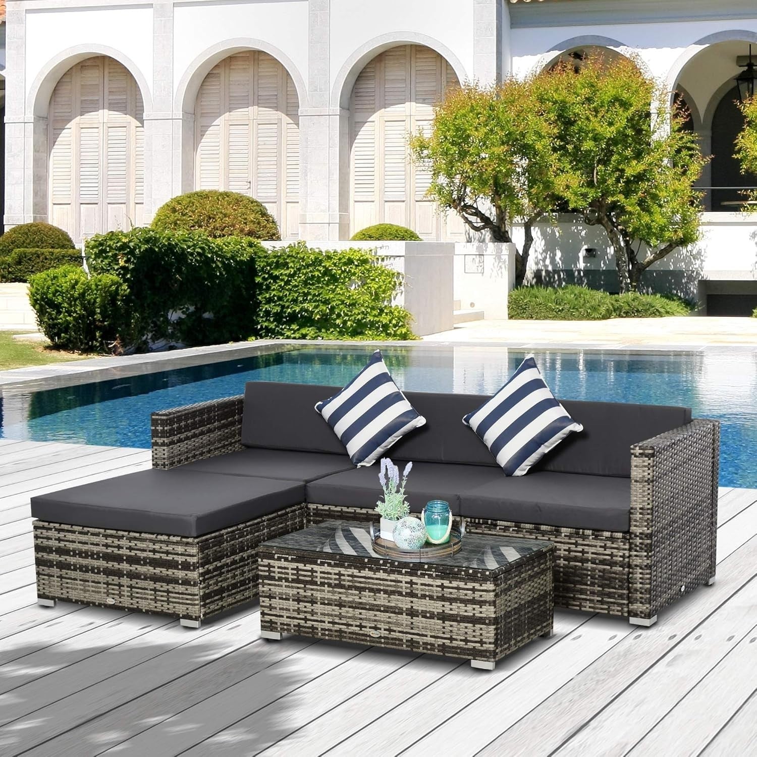 5PC Grey Rattan Outdoor Patio Sofa Set Modular Cushions Glass Table