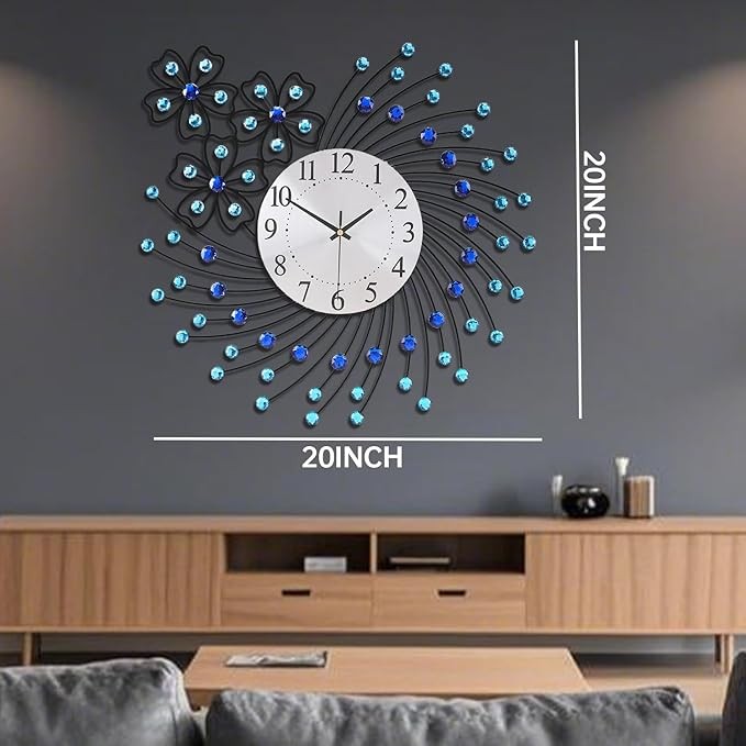 Large 50cm Crystal Wall Clock Blue Silent Modern Decorative Round Home Decor