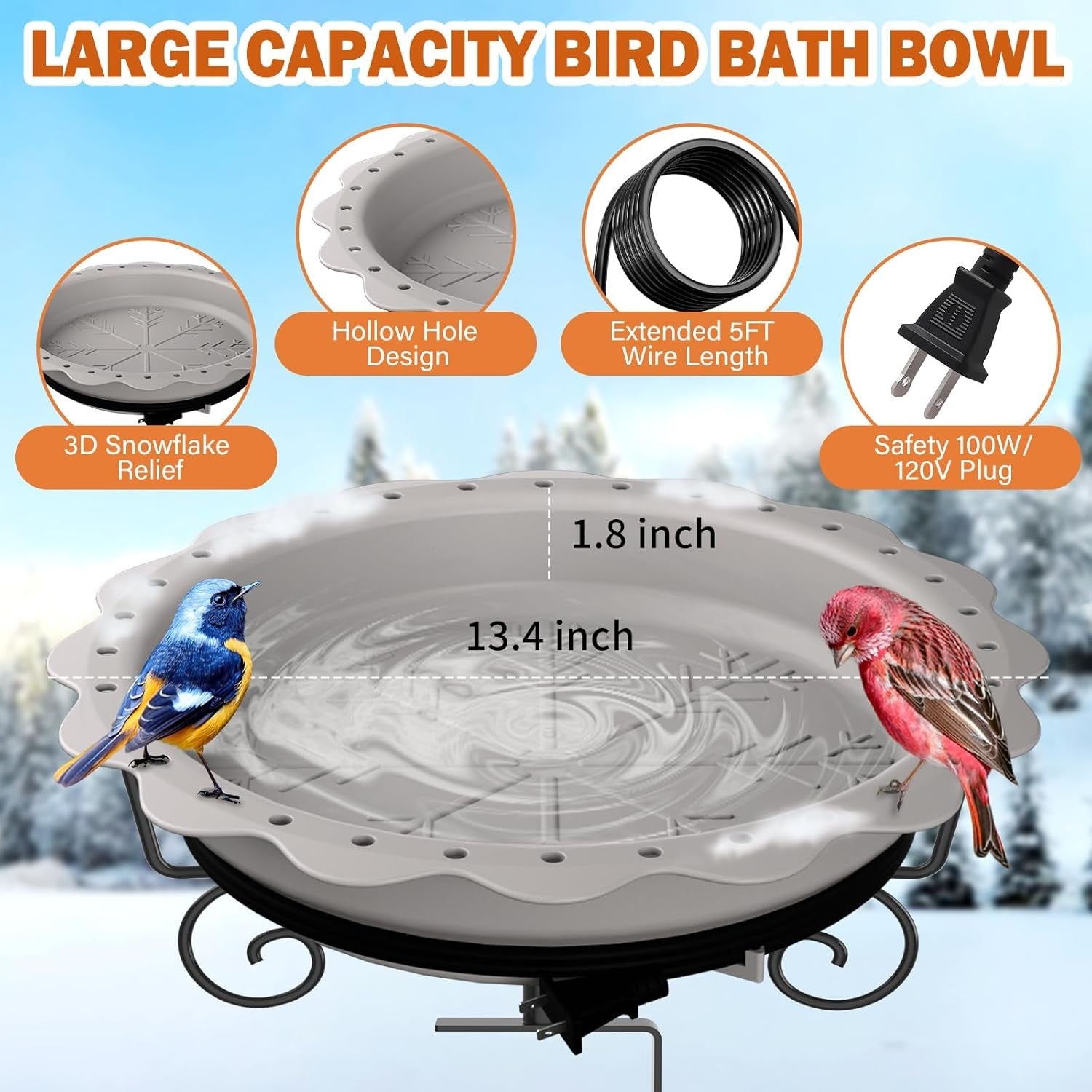 Heated Bird Bath for Winter Outdoor Deck Railing 100W Thermostat Water Heater