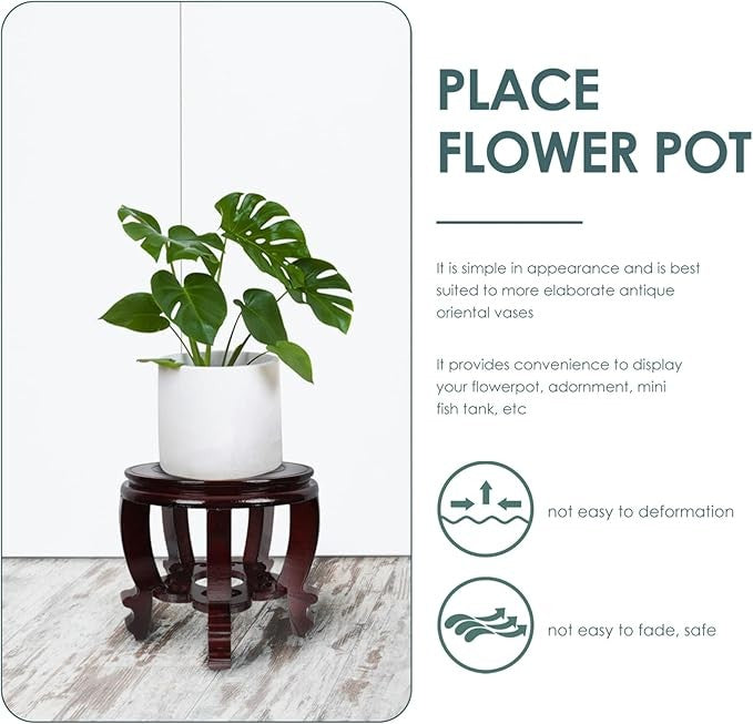 Wooden Plant Stand Round Carved Vase Holder Indoor Display Table Stool Brown