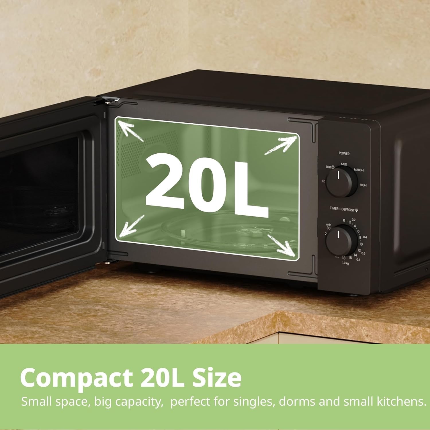 20L Compact Microwave 700W Black 5 Power Levels Quick Defrost