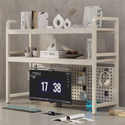2-Tier Desktop Shelf Organizer | Metal Desk Storage Rack w/ Grid Panel 75cm