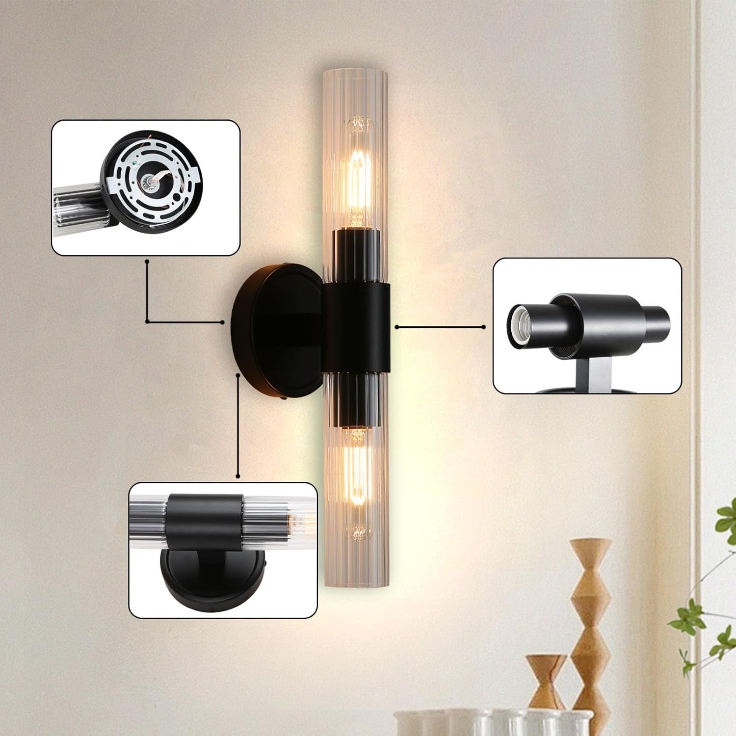 Dimmable Vintage Black Wall Sconce Light with Glass Shade & E27 Socket