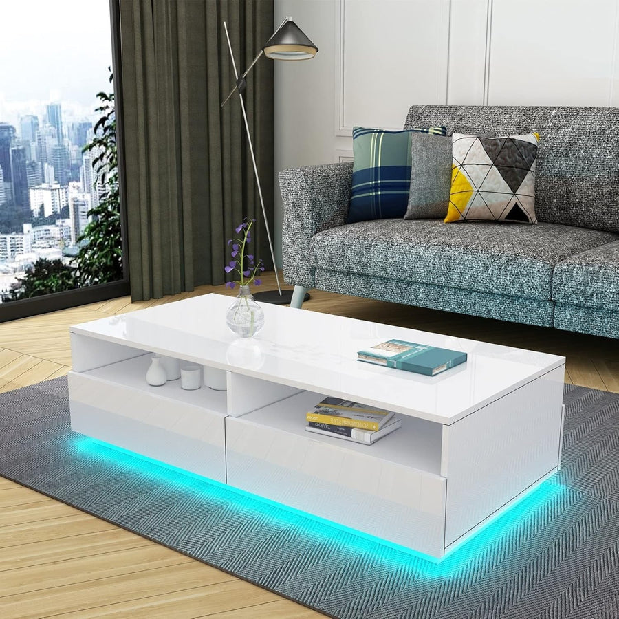 Modern White Gloss Coffee Table with 4 Drawers & LED Light 85x55x35cm