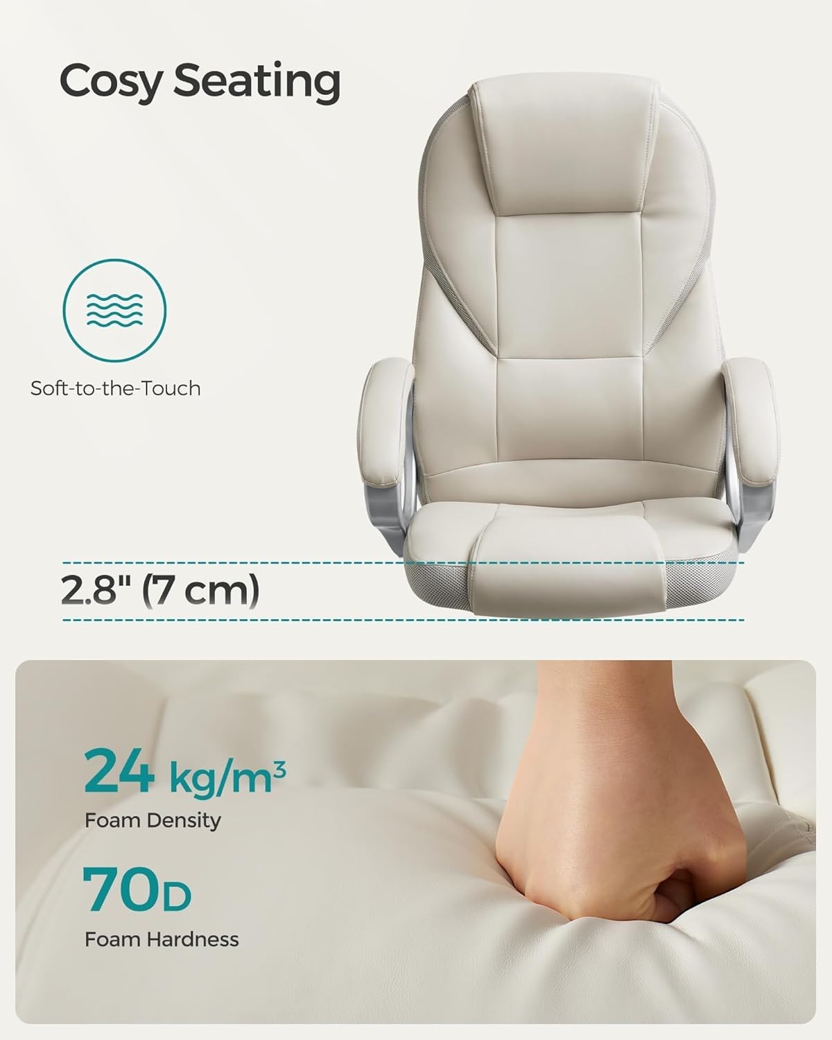 Ergonomic Office Chair Faux Leather Swivel Desk Seat Adjustable Height Cream Whi