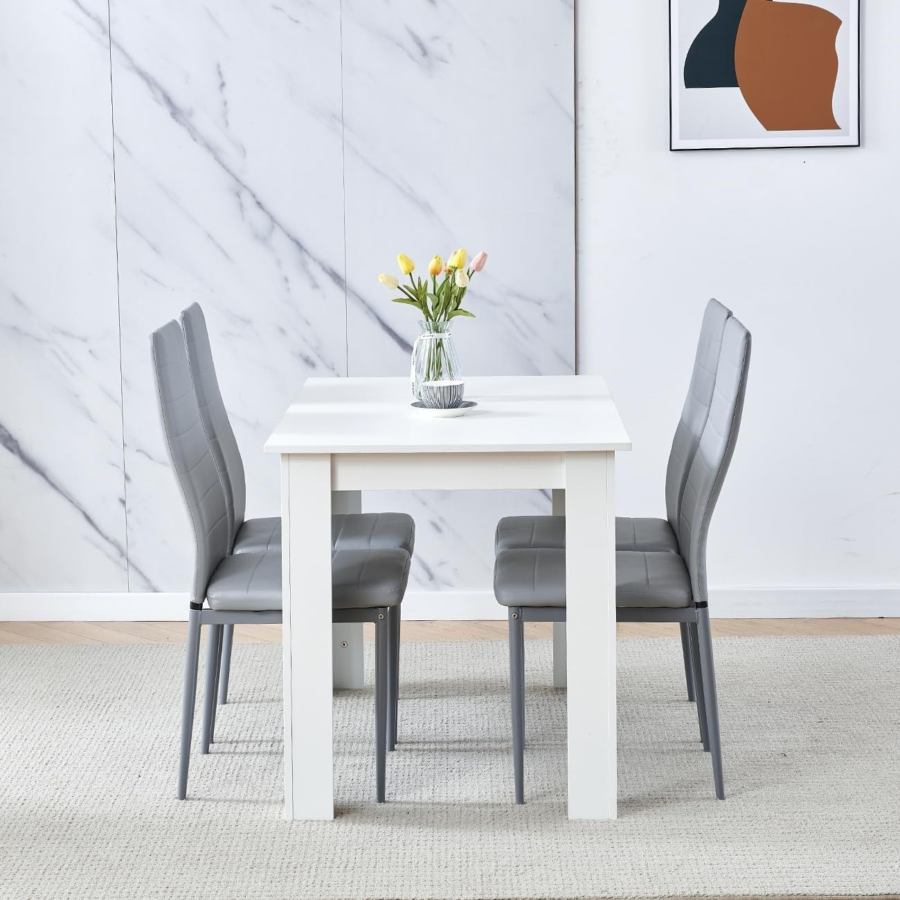 Modern 5-Piece Dining Set White Table Grey Leather Chairs Kitchen Room