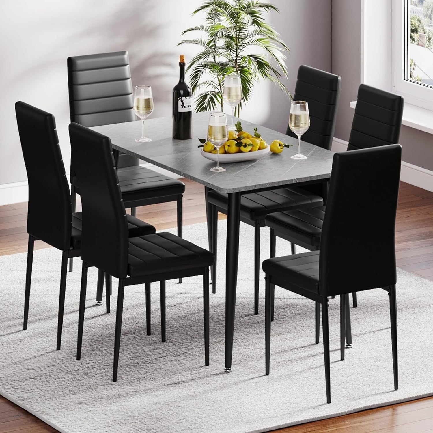 Modern 6-Seater Faux Marble Dining Table Set with High Back Chairs, 120cm