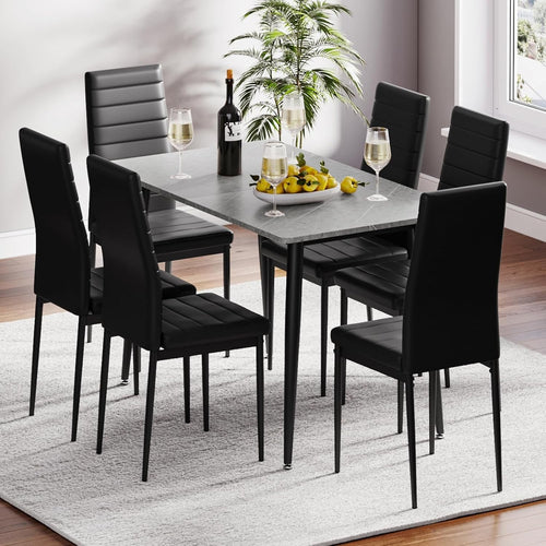 Modern 6-Seater Faux Marble Dining Table Set with High Back Chairs, 120cm
