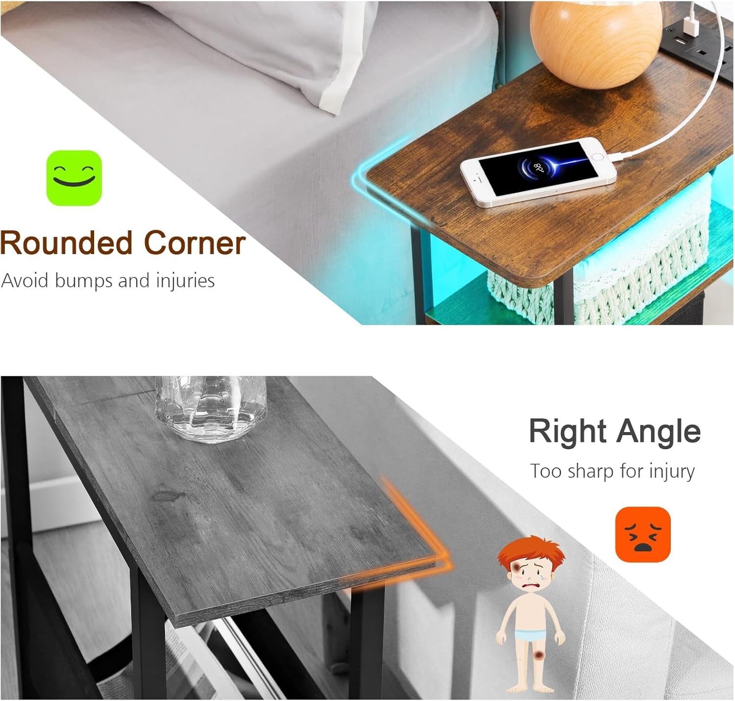 Slim Bedside Tables Set of 2 with LED Light, Charging Ports & Storage Drawers