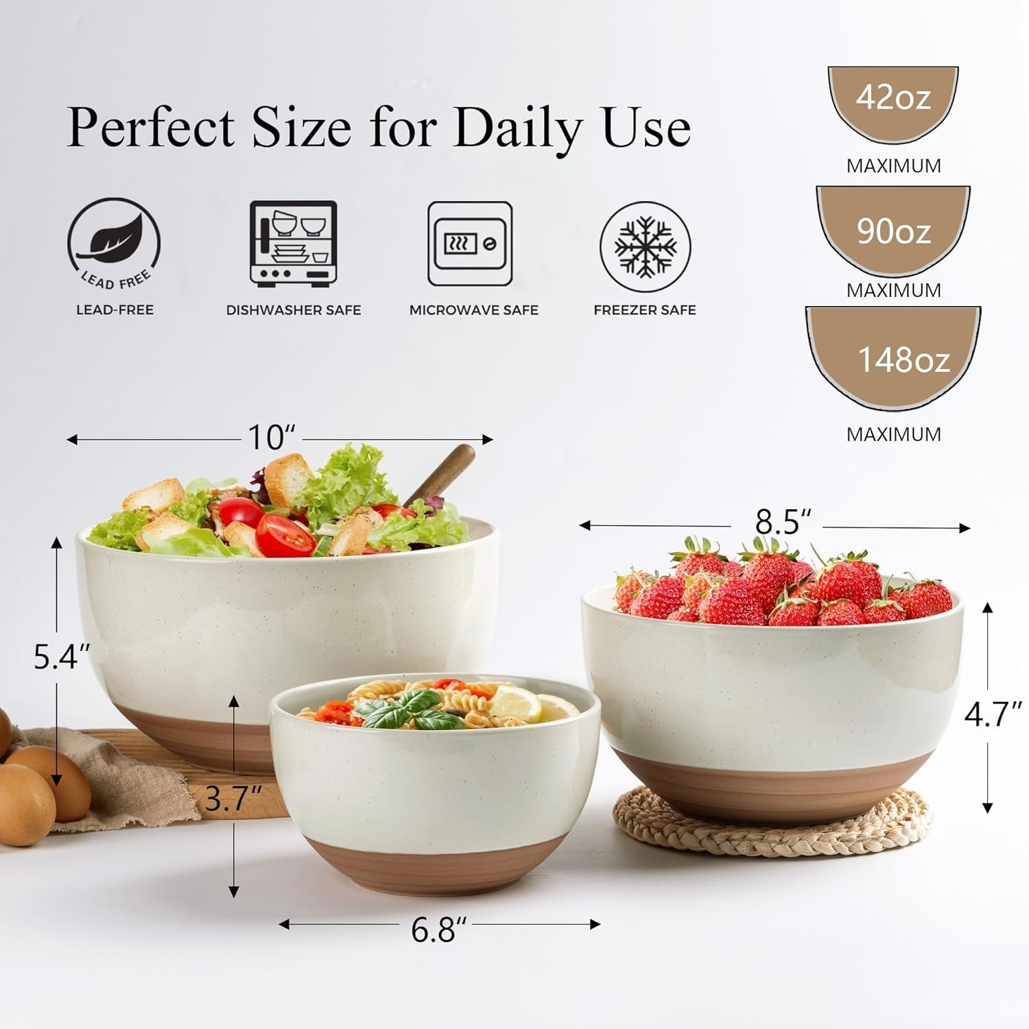 3-Piece Light Beige Ceramic Mixing Bowls Set Nesting 1.3-4.6 Qt