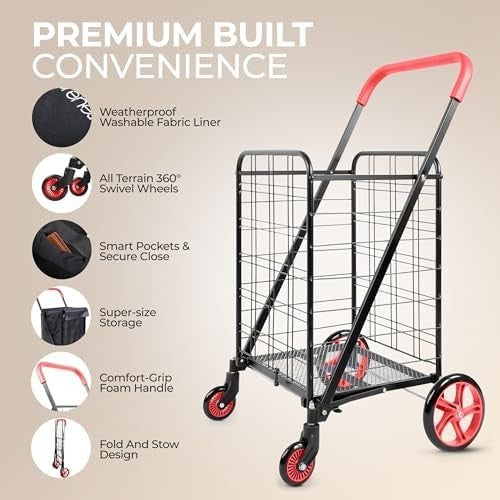 Foldable Shopping Trolley Cart 32kg Waterproof Bag Swivel Wheels