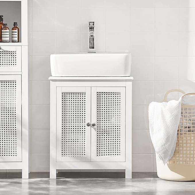 White Under Sink Bathroom Cabinet 60cm Vanity Storage Unit with Louvered Doors