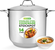 14.2 L Stainless Steel Stock Pot with Glass Lid Induction Ready Heavy Duty Soup