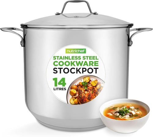 14.2 L Stainless Steel Stock Pot with Glass Lid Induction Ready Heavy Duty Soup