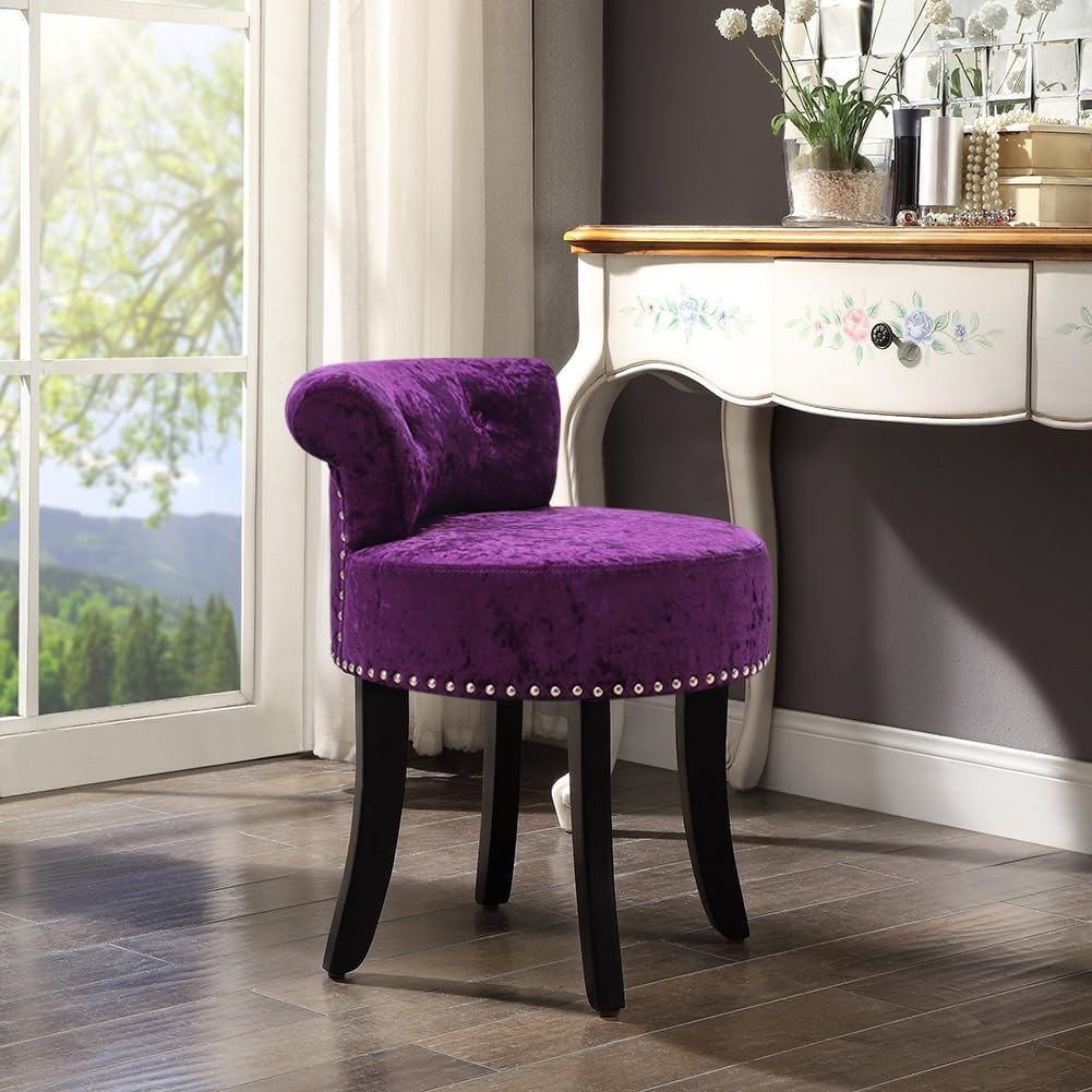 Purple Velvet High-Back Vanity Stool with Solid Wood Legs – Dressing Table Chair
