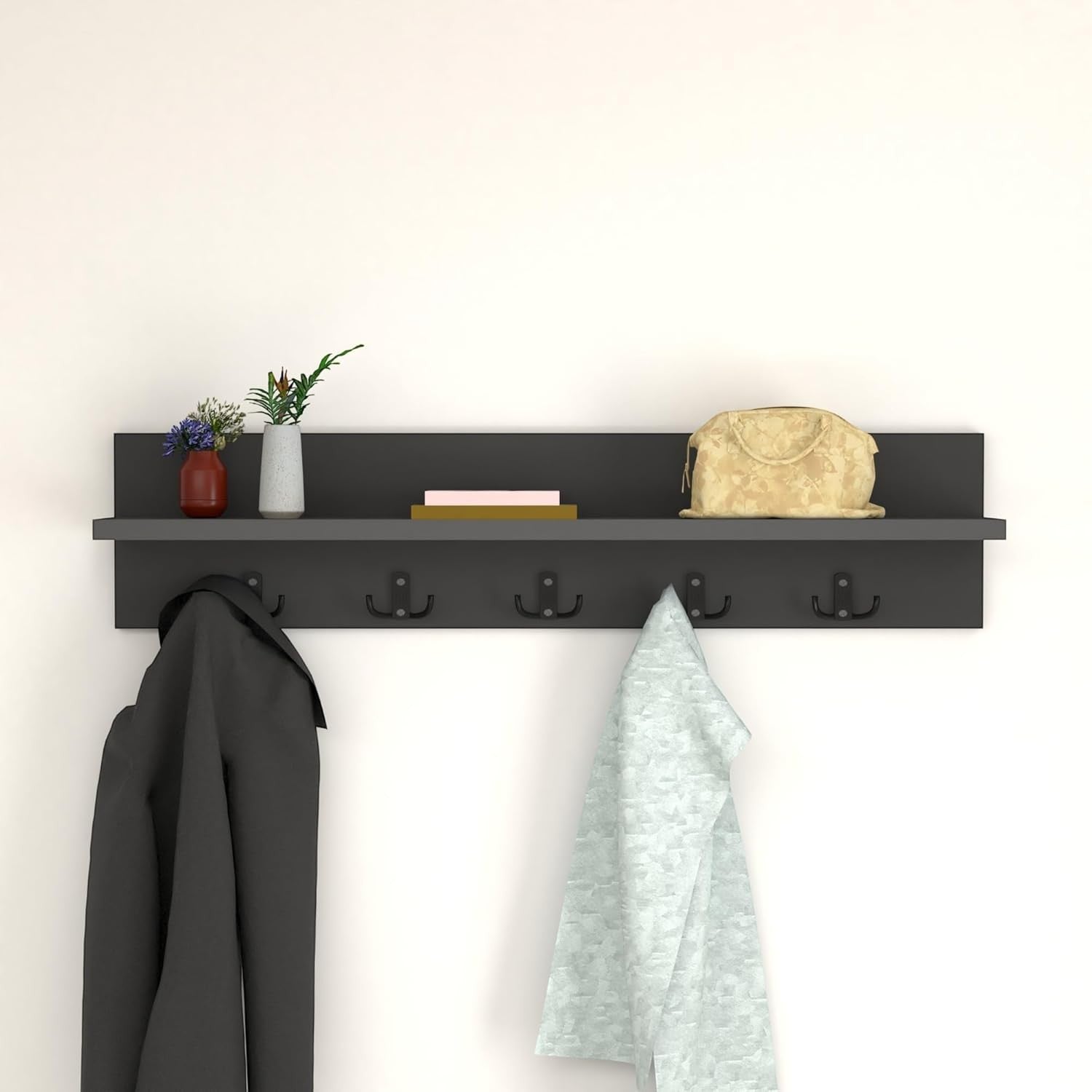 Wall Mounted Coat Rack 80cm Shelf 5 Hooks Floating Storage Rail Anthracite