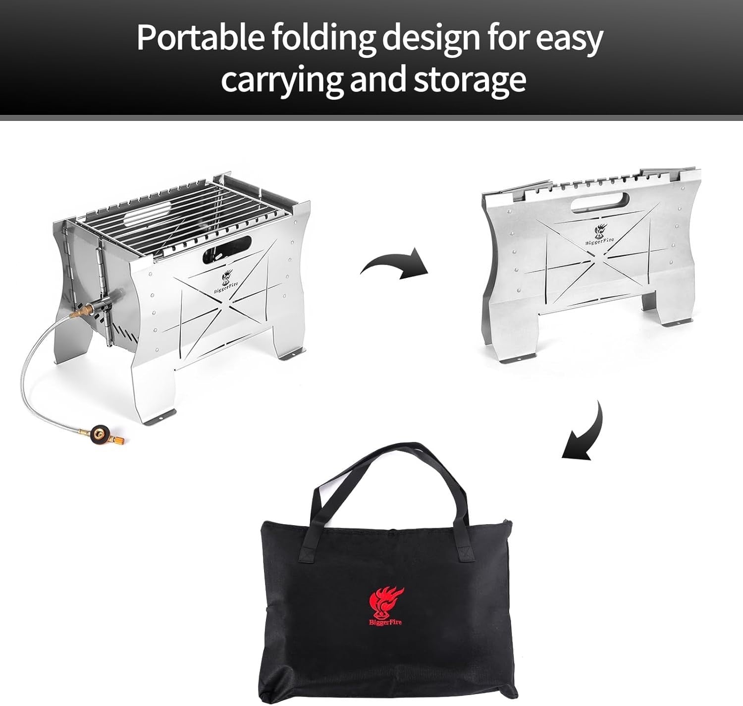 Portable Stainless Steel Camping BBQ Grill Foldable 2-in-1 Charcoal & Gas